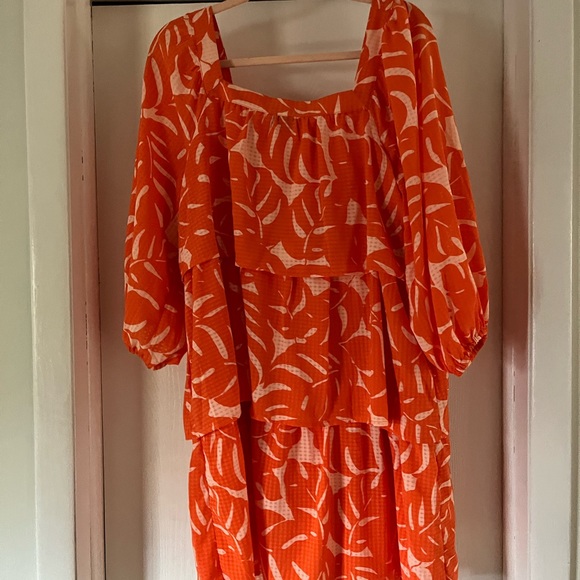 Who What Wear Orange Printed Tiered Dress with Balloon Sleeve SZ. L - Picture 5 of 6